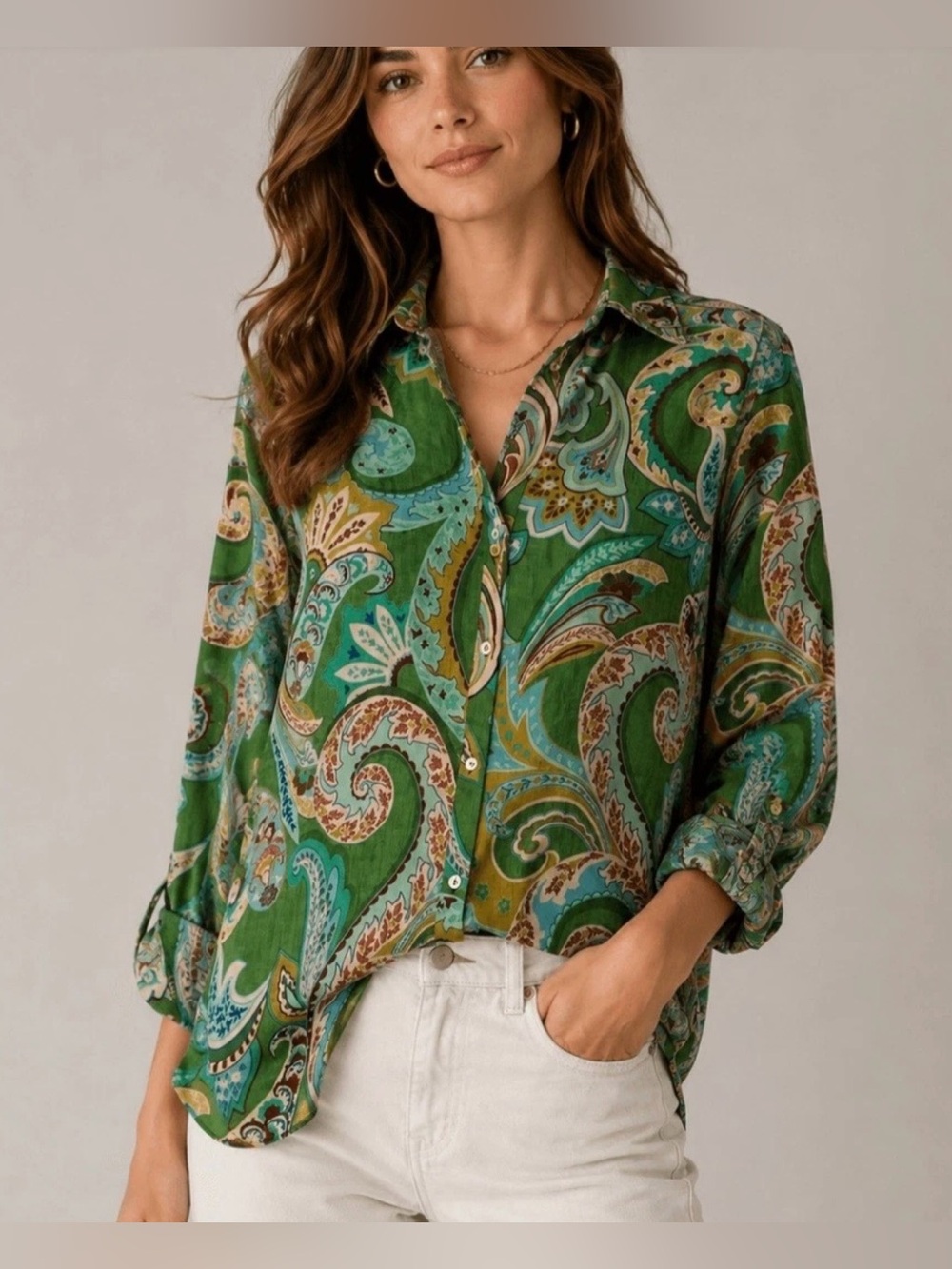 Zara Green Paisley Button-Down Blouse